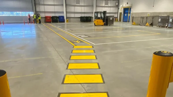 UV cured yellow pedestrian crossing and walkway line marking on a depot warehouse floor in Belfast