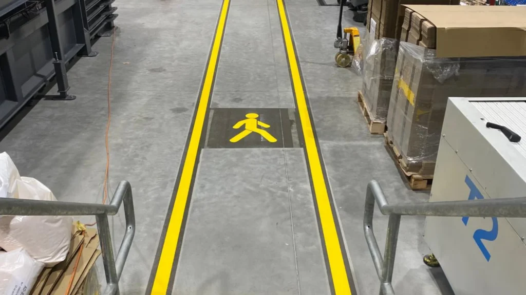 Yellow walkway with pedestrian symbol marked with UV line marking to separate people from forklift traffic in a depot