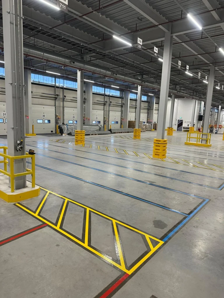 Blue pallet grid lanes marked on warehouse floor in front of loading dock doors with yellow hatched column protection zone
