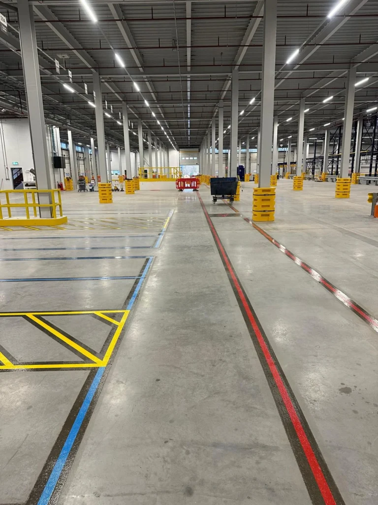 Warehouse pallet grid line marking with blue pallet bay lines, red traffic lane and yellow hatched zone on concrete floor