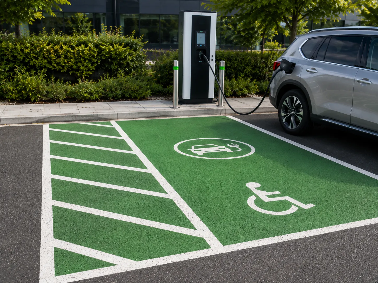 Accessible EV charging bay with wheelchair transfer space