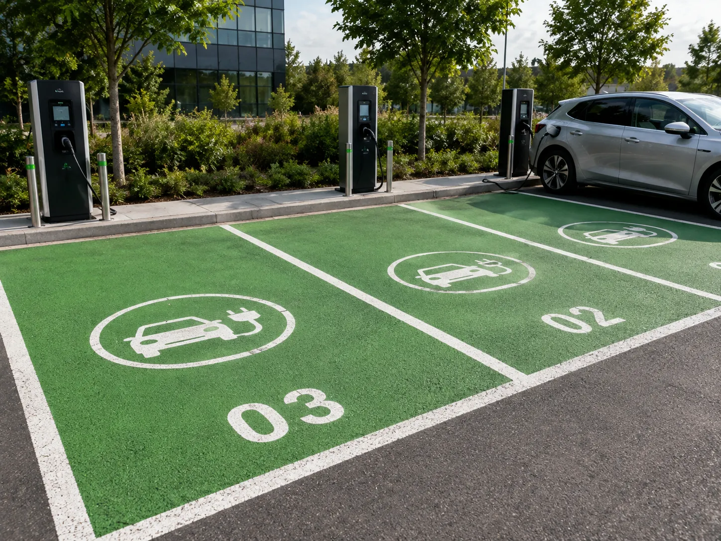 EV charging bay marked with green infill, EV symbol and bay number
