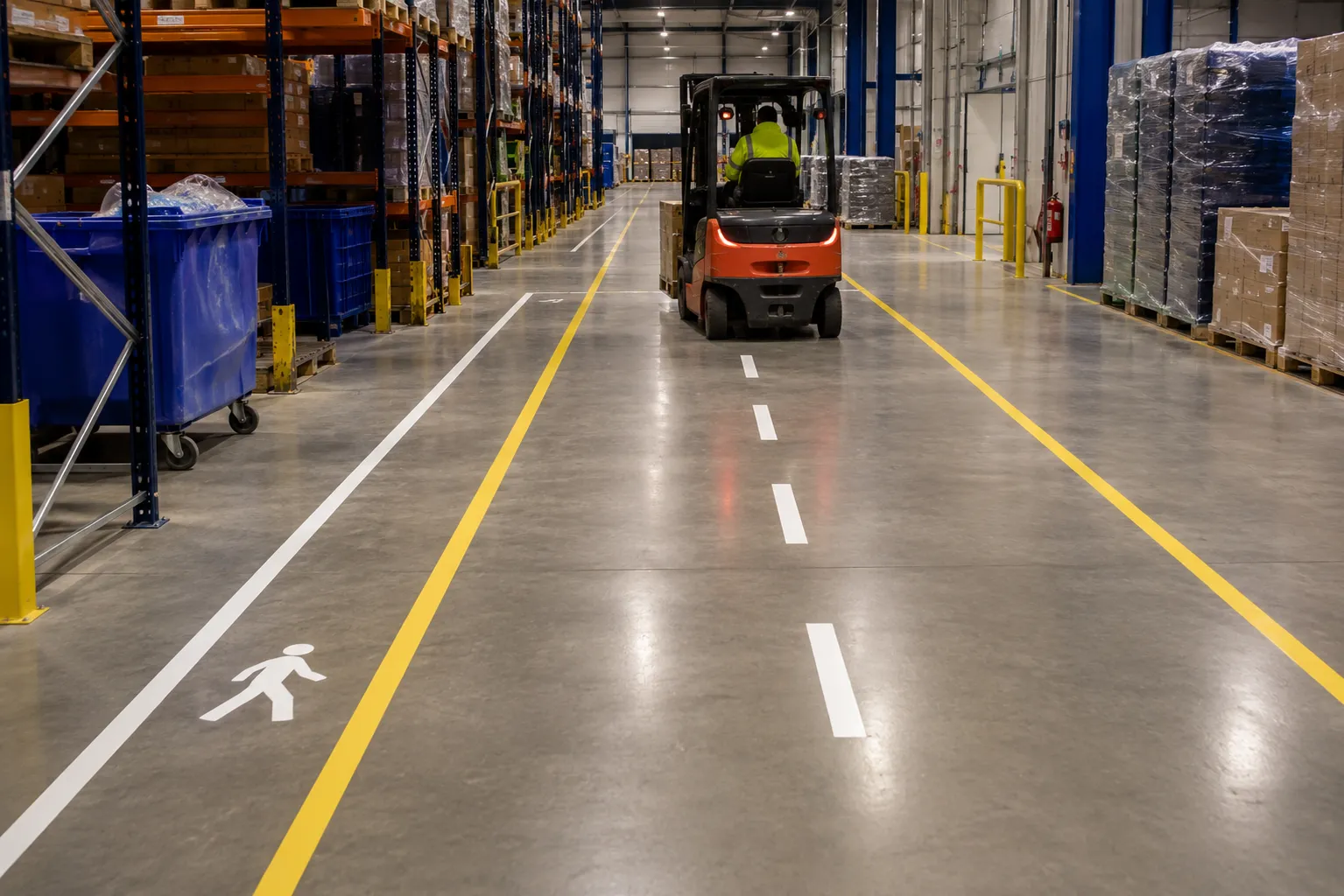 Warehouse aisle reopened to traffic straight after UV line marking 