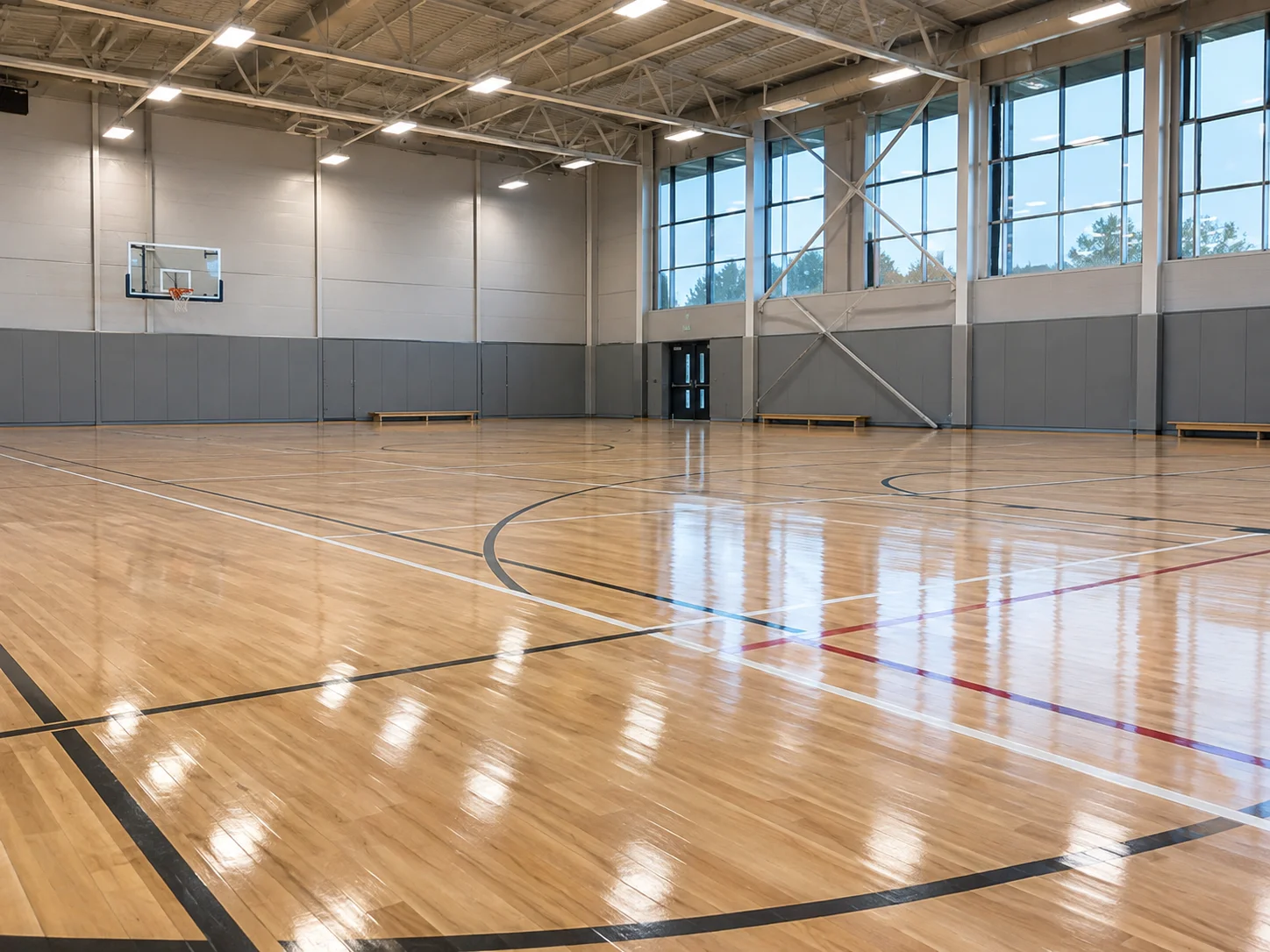 Sports hall floor gloss level under lighting