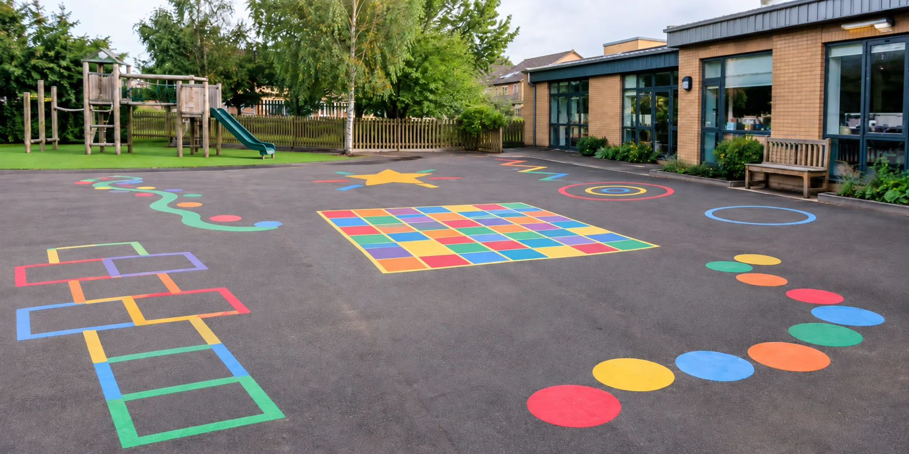 Colourful games markings on a school playground