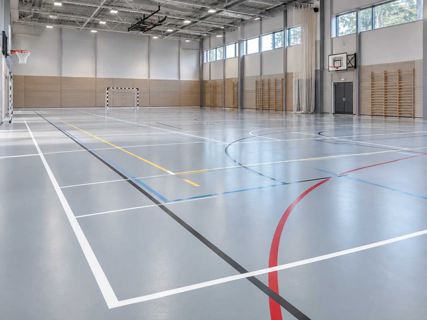 Indoor sports hall floor with lines and coating